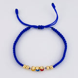 Pulsera Tejida Azul Trio Chispas Bolas Lisas Oro Amarillo 18K