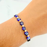 Pulsera Tejida Negra Ojos Turcos Azules Oro Amarillo 18K