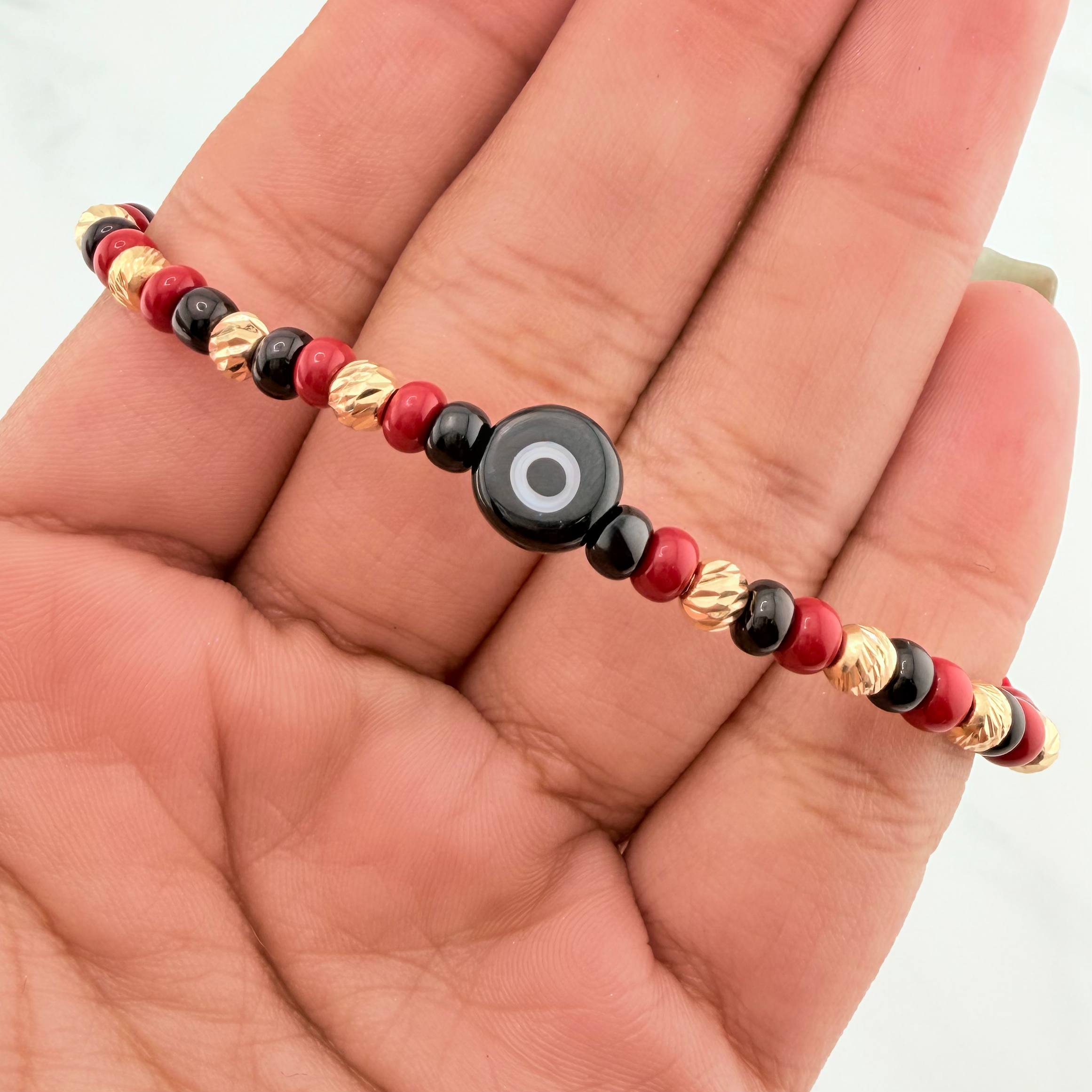 Pulsera Tejida Roja Ojo Turco Oro Amarillo 18K