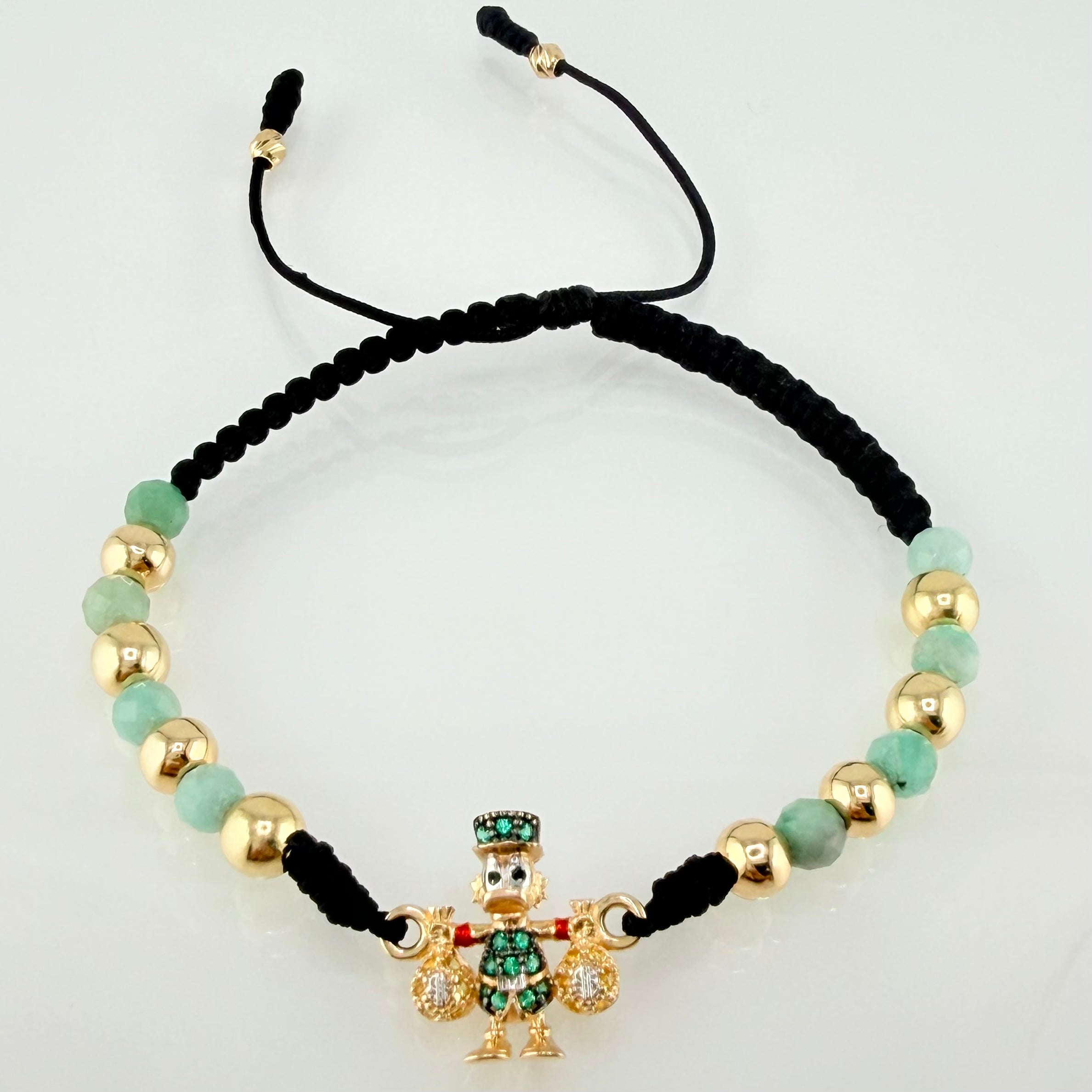 Pulsera Negra Herraje Pato Bolsa Dinero 2.5gr / 5mm-3mm Oro Amarillo 18K *