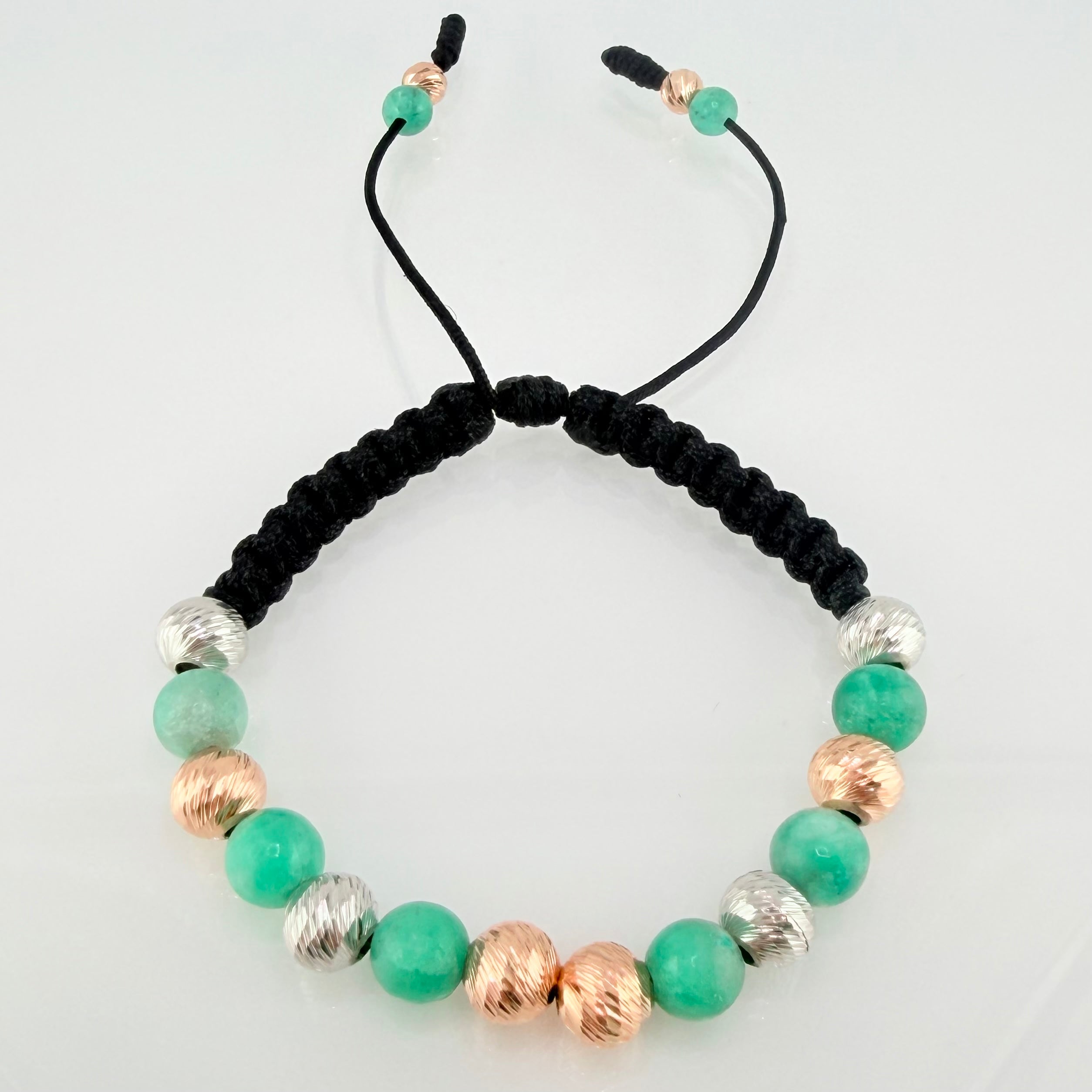 Pulsera Negra Morrallas Esmeraldas 2.95gr / 8mm-5mm Dos Oros Blanco Rosa 18K *