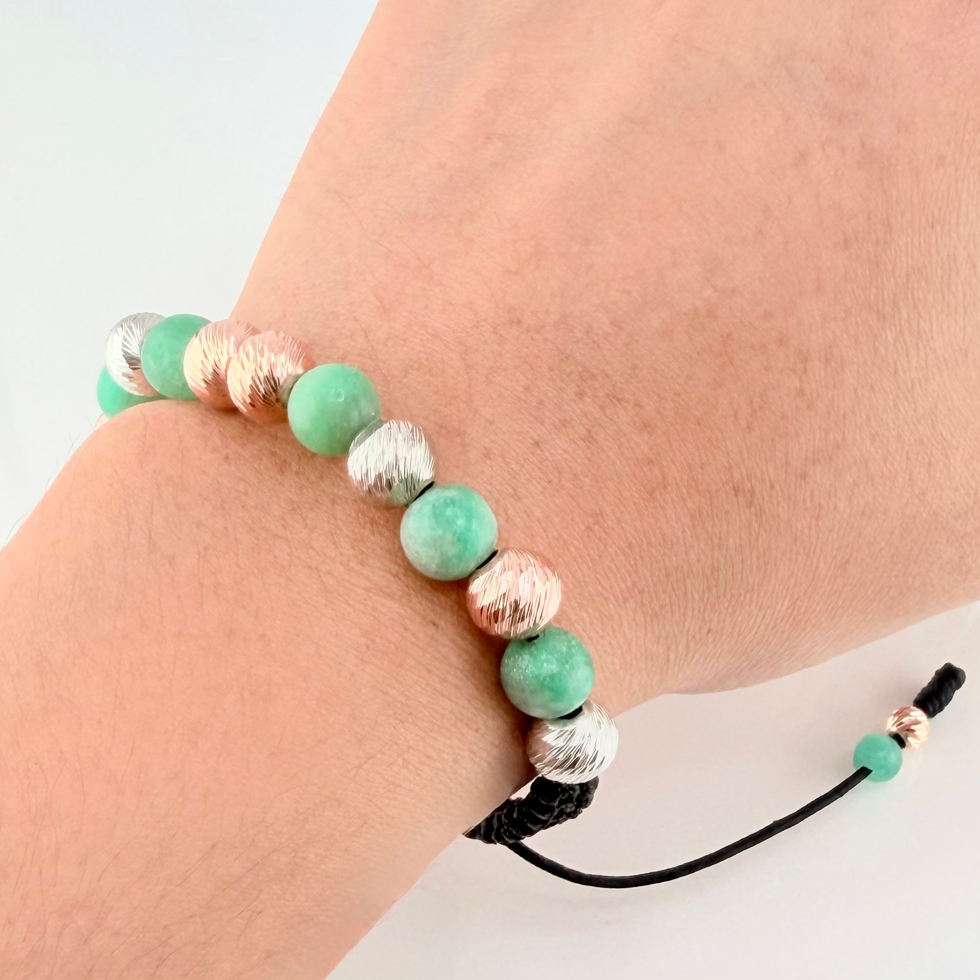 Pulsera Negra Morrallas Esmeraldas 2.95gr / 8mm-5mm Dos Oros Blanco Rosa 18K *