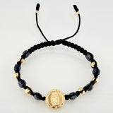 Pulsera Negra Herraje Virgen Guadalupe 1.58gr / 5mm-3mm Oro Amarillo 18K *