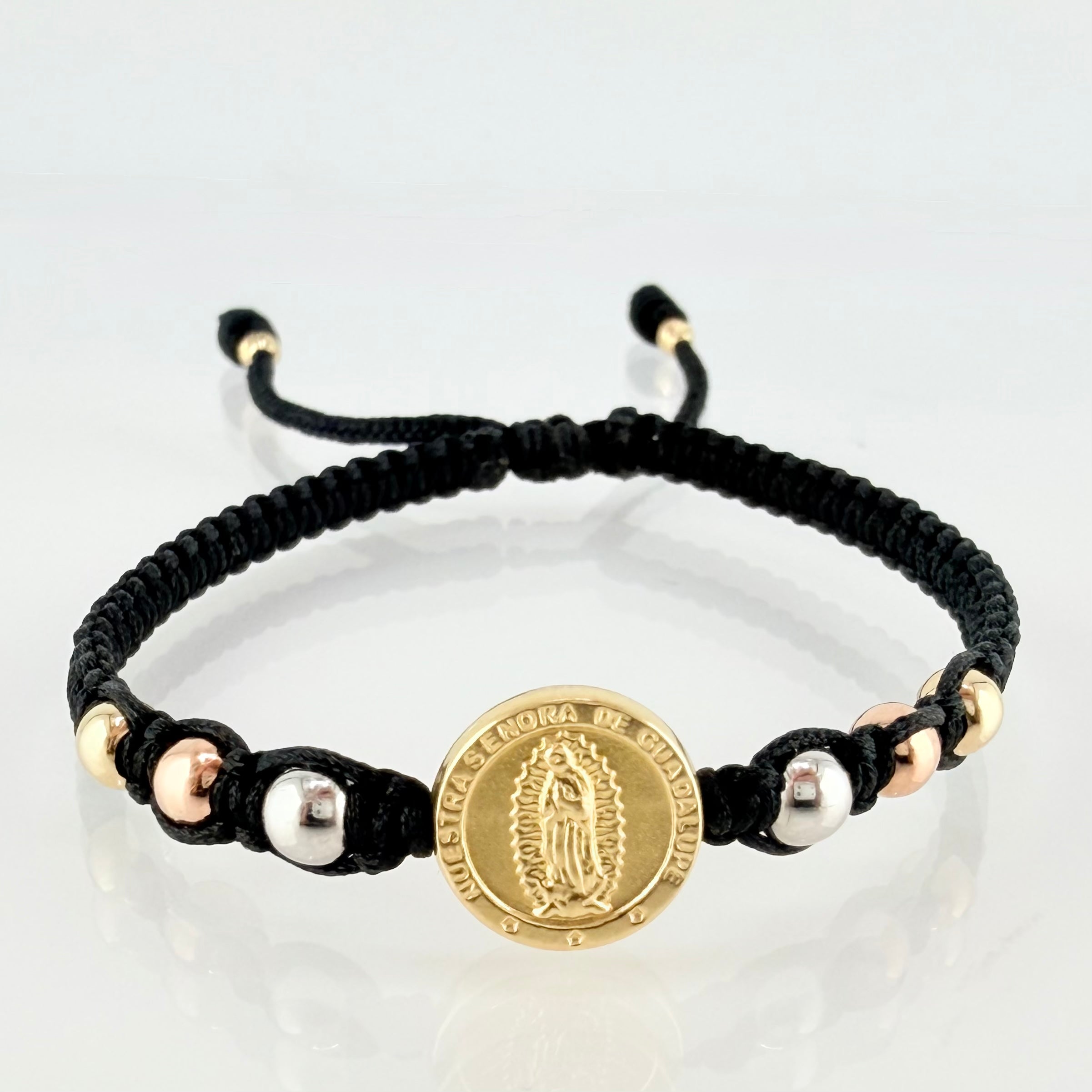 Pulsera Negra Herraje Virgen Guadalupe 1.17gr / 4mm-3mm Tres Oros 18K *