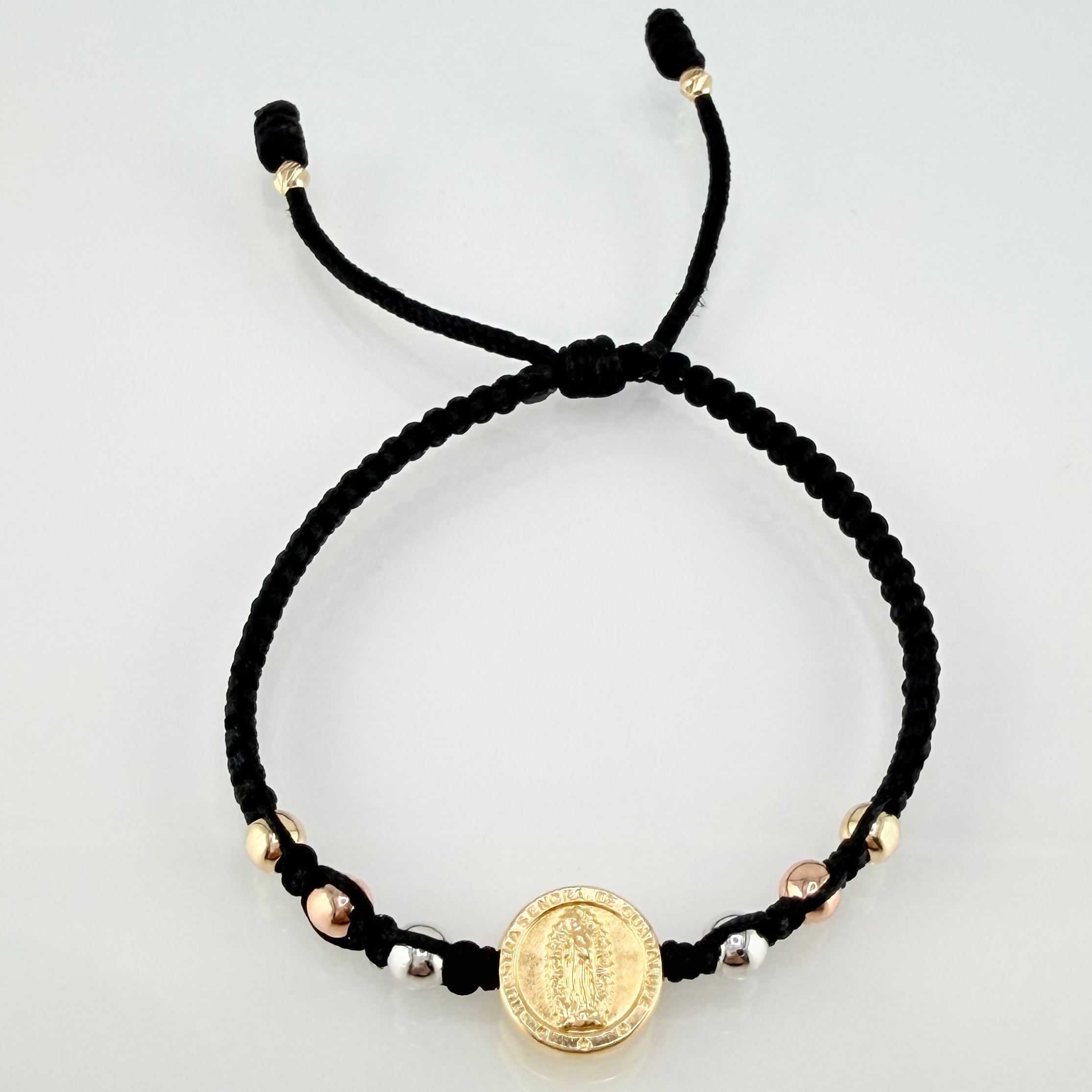 Pulsera Negra Herraje Virgen Guadalupe 1.17gr / 4mm-3mm Tres Oros 18K *