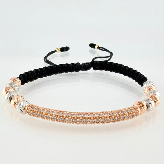 Pulsera Negra Herraje Cilindro 4.6gr / 5mm-3mm Dos Oros Blanco Rosa 18K *