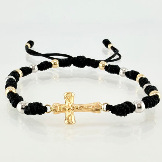 Pulsera Negra Herraje Cruz 1.62gr / 4mm-3mm Dos Oros Amarillo Blanco 18K *