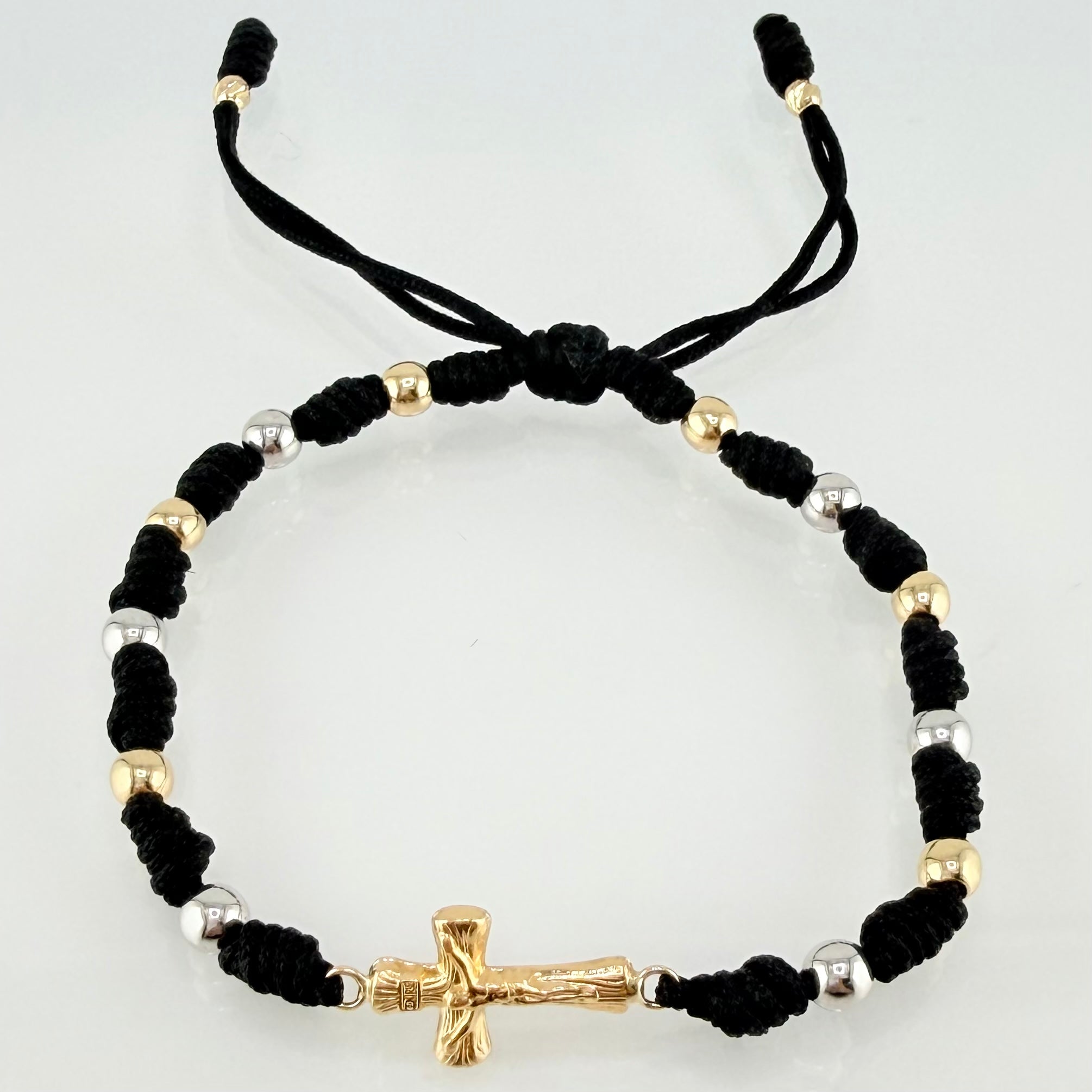 Pulsera Negra Herraje Cruz 1.62gr / 4mm-3mm Dos Oros Amarillo Blanco 18K *