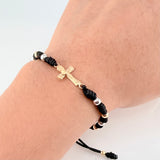 Pulsera Negra Herraje Cruz 1.62gr / 4mm-3mm Dos Oros Amarillo Blanco 18K *