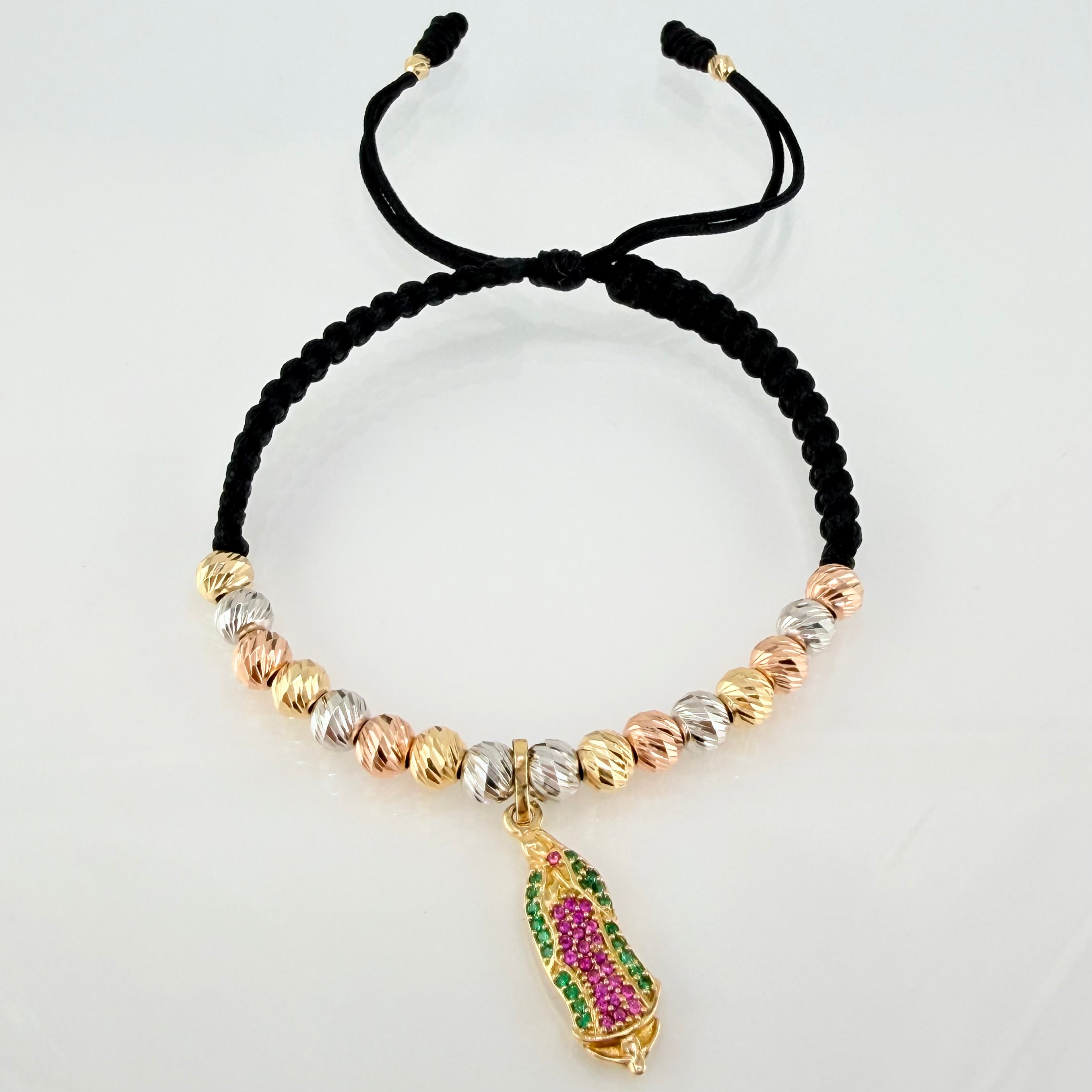 Pulsera Negra Dije Virgen Guadalupe 4gr / 5mm-3mm Tres Oros 18K *