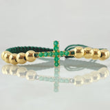 Pulsera Verde Herraje Cruz 2.3gr / 5mm Bolas Lisas 10und Esmeralda 33pts Oro Amarillo 18K ©