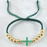 Pulsera Verde Herraje Cruz 2.3gr / 5mm Bolas Lisas 10und Esmeralda 33pts Oro Amarillo 18K ©