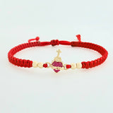 Pulsera Tejida Roja Herraje Sagrado Corazon Bolas Lisas Oro Amarillo 18K