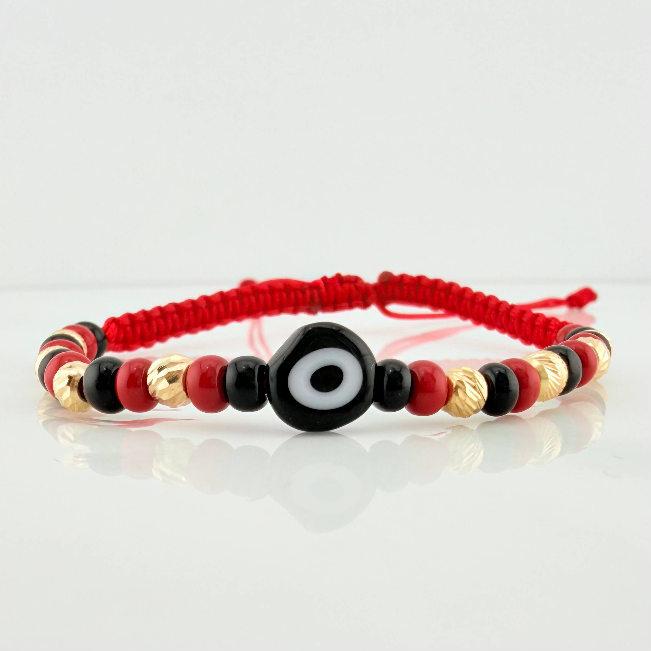 Pulsera Tejida Roja Ojo Turco Oro Amarillo 18K