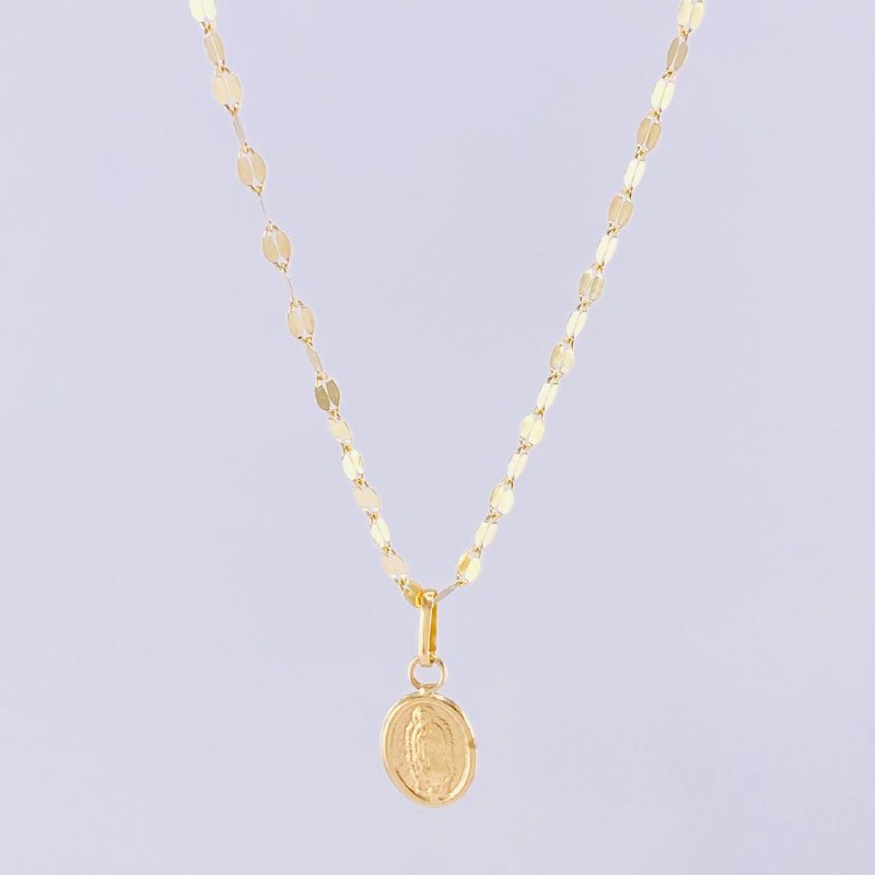 Set Cadena Flor Espejo + Dije Virgen de Guadalupe / 1.25g / 45cm Oro Amarillo 18K