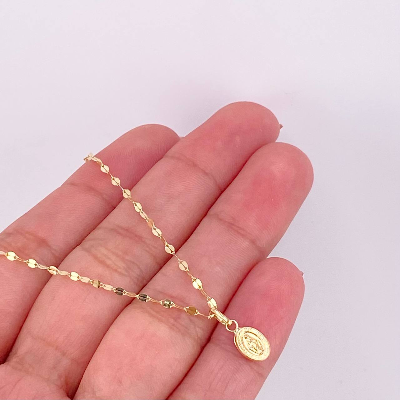 Set Cadena Flor Espejo + Dije Virgen Milagrosa / 1.25g / 45cm Oro Amarillo 18K