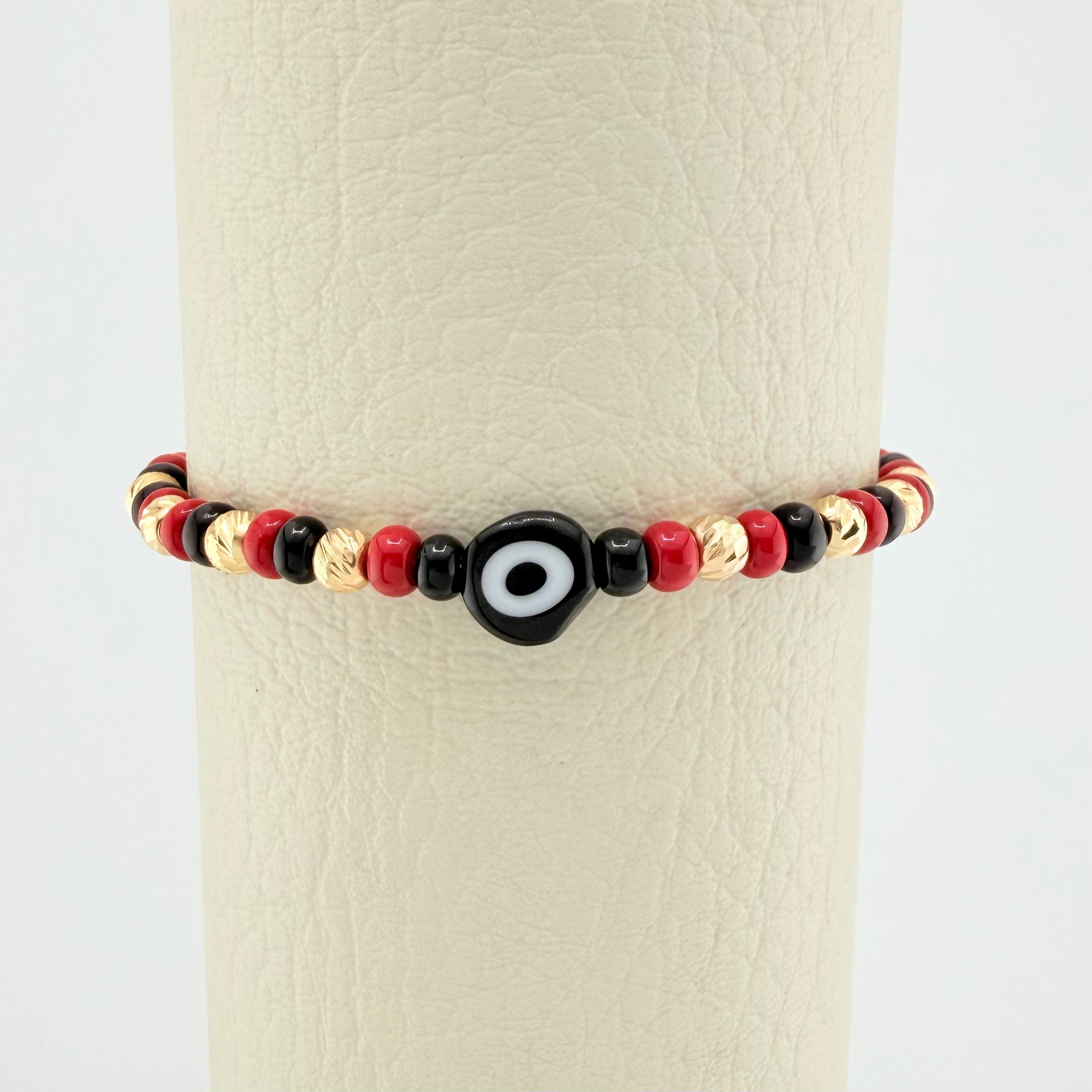 Pulsera Tejida Roja Ojo Turco Oro Amarillo 18K
