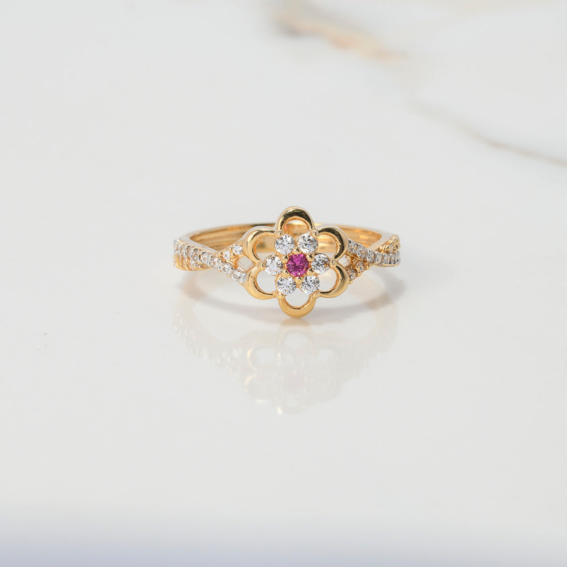 Anillo Flor Anemona Doble 2.8gr / T6 3/4 / Circones Blancos y Fucsias Dos Oros Amarillo Blanco $