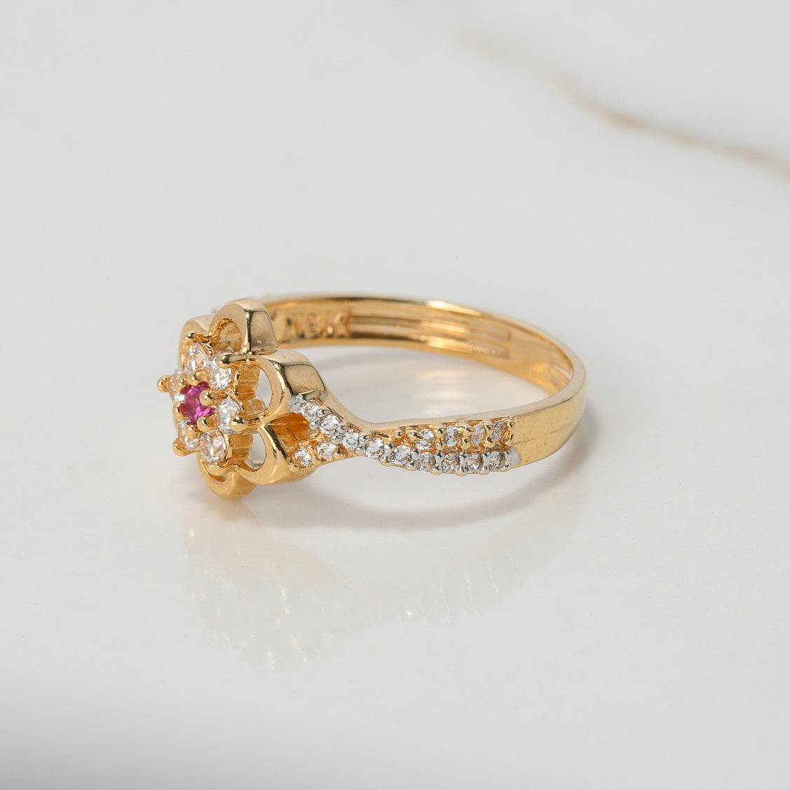 Anillo Flor Anemona Doble 2.8gr / T6 3/4 / Circones Blancos y Fucsias Dos Oros Amarillo Blanco $