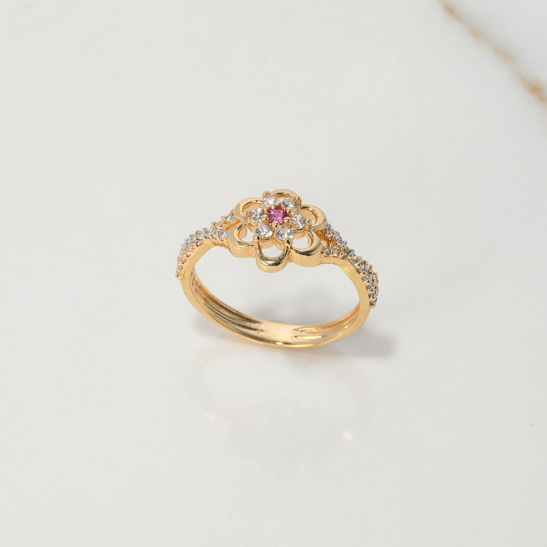 Anillo Flor Anemona Doble 2.8gr / T6 3/4 / Circones Blancos y Fucsias Dos Oros Amarillo Blanco $