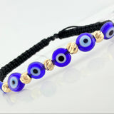 Pulsera Tejida Negra Ojos Turcos Azules Oro Amarillo 18K
