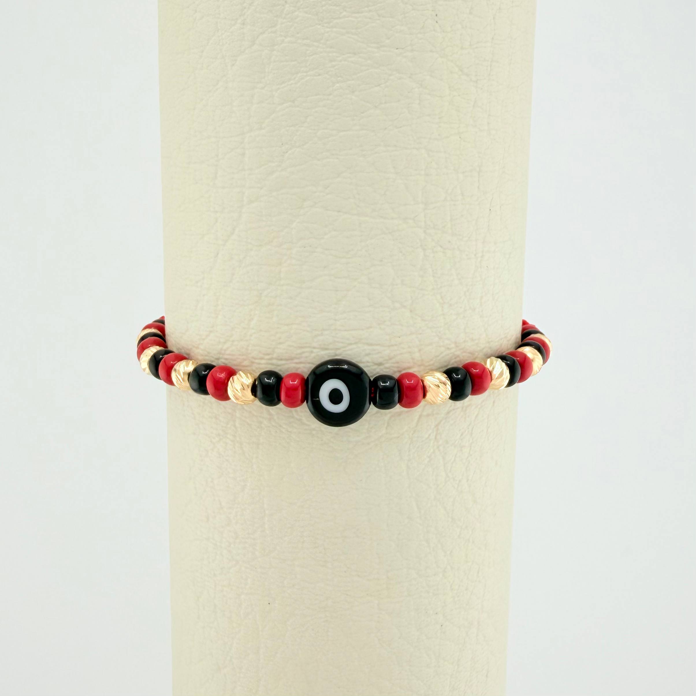 Pulsera Tejida Roja Ojo Turco Oro Amarillo 18K