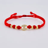Pulsera Tejida Rojo Herraje de GC Bolas Lisas Oro Amarillo 18K