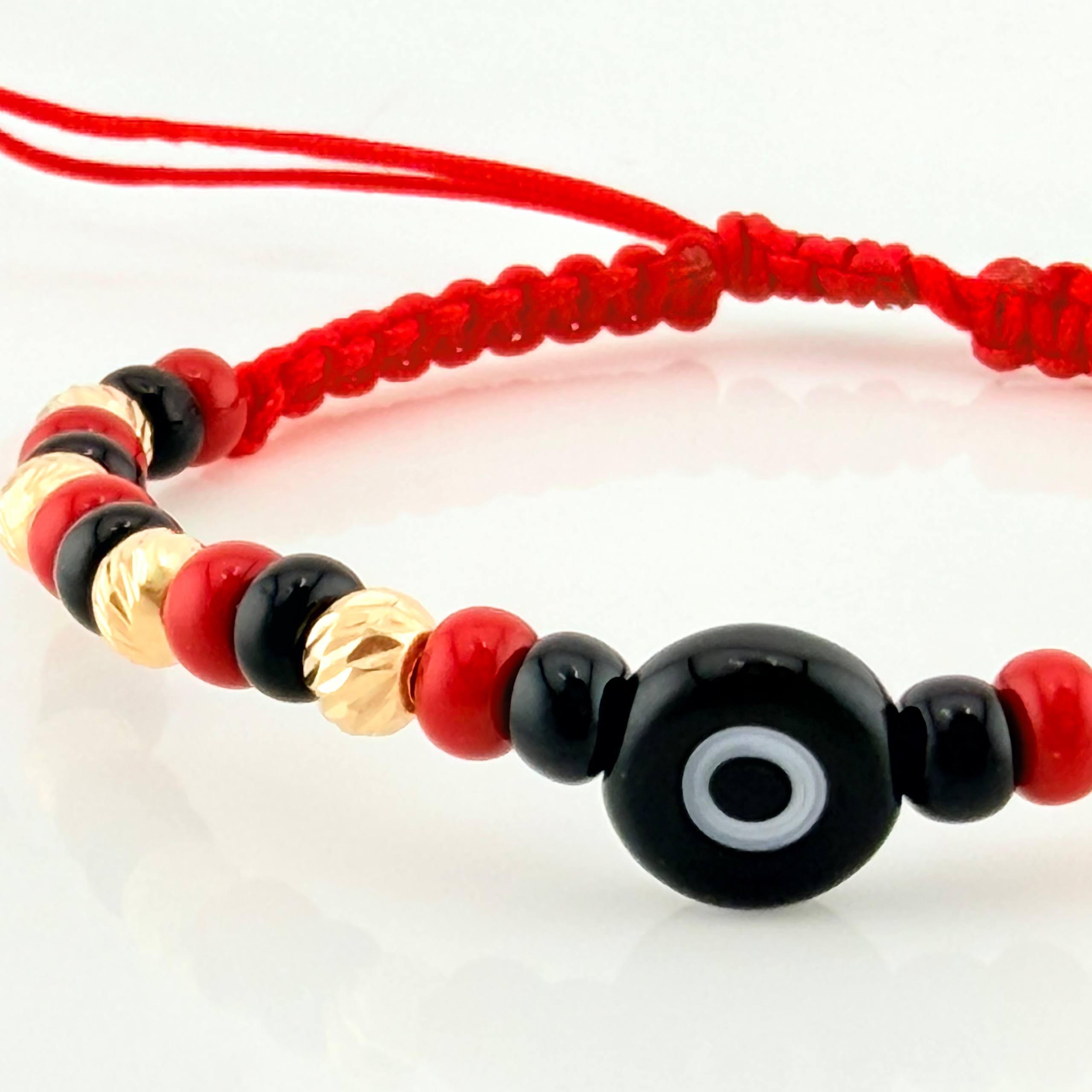 Pulsera Tejida Roja Ojo Turco Oro Amarillo 18K