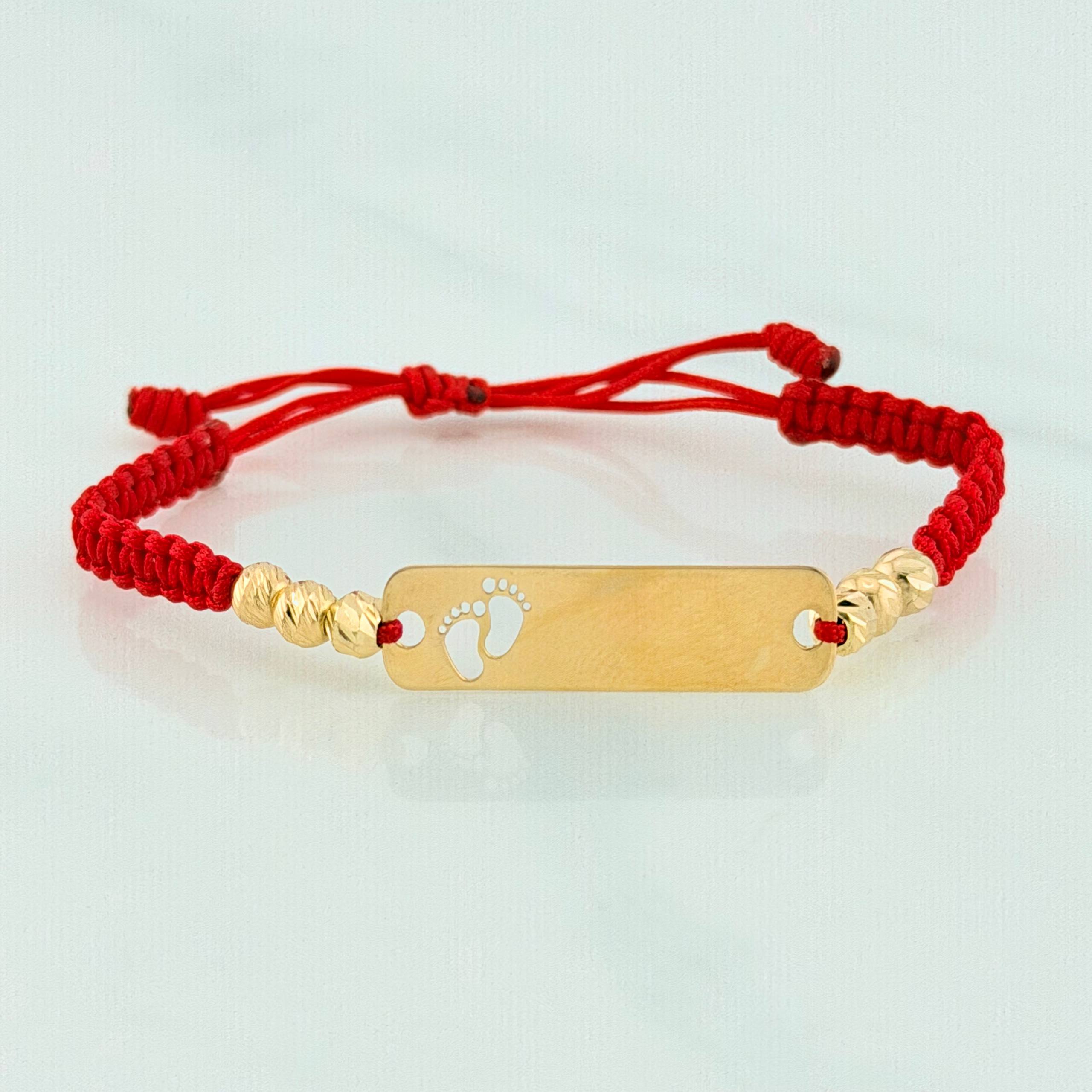 Pulsera Tejida Roja Placa Huellitas Oro Amarillo 18K