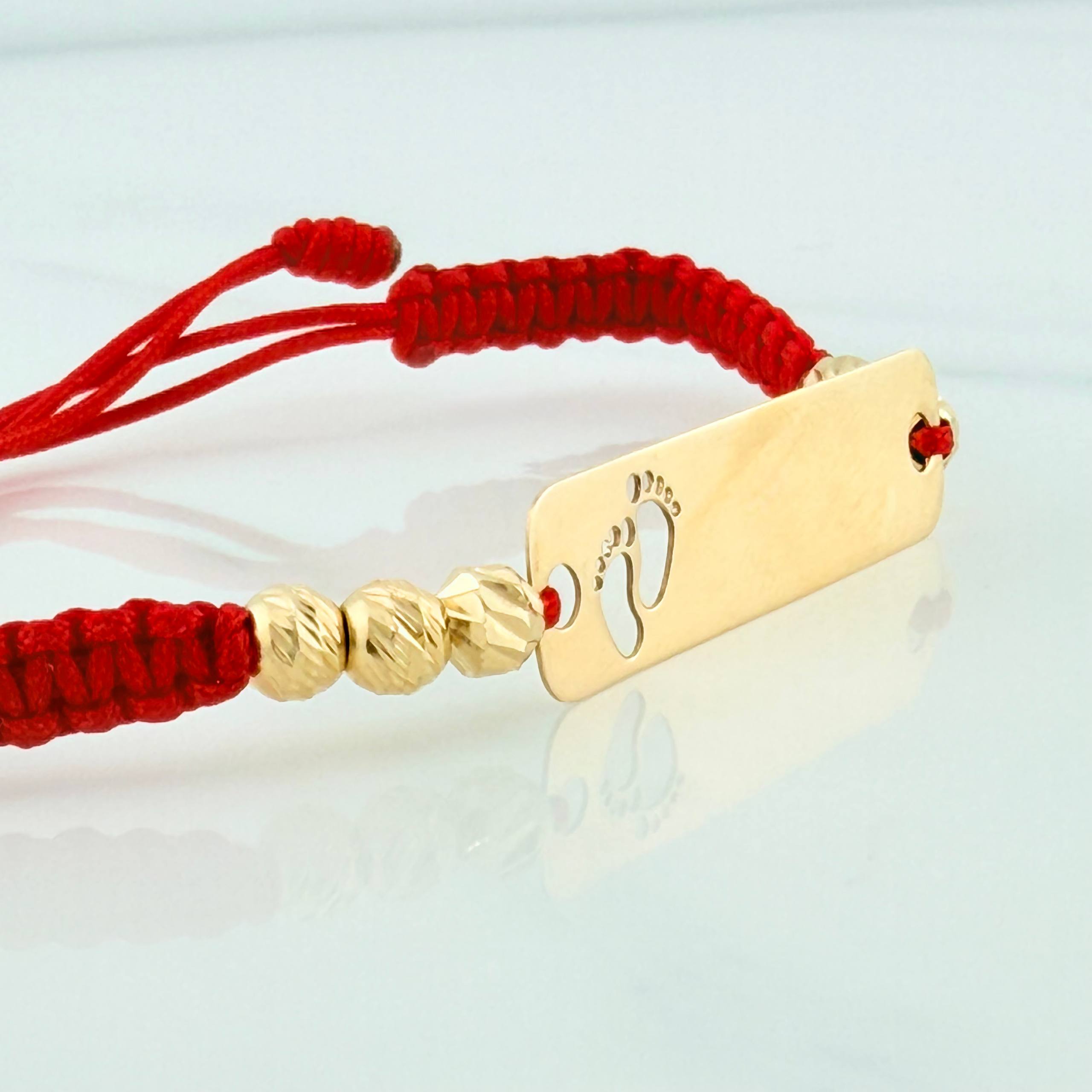 Pulsera Tejida Roja Placa Huellitas Oro Amarillo 18K