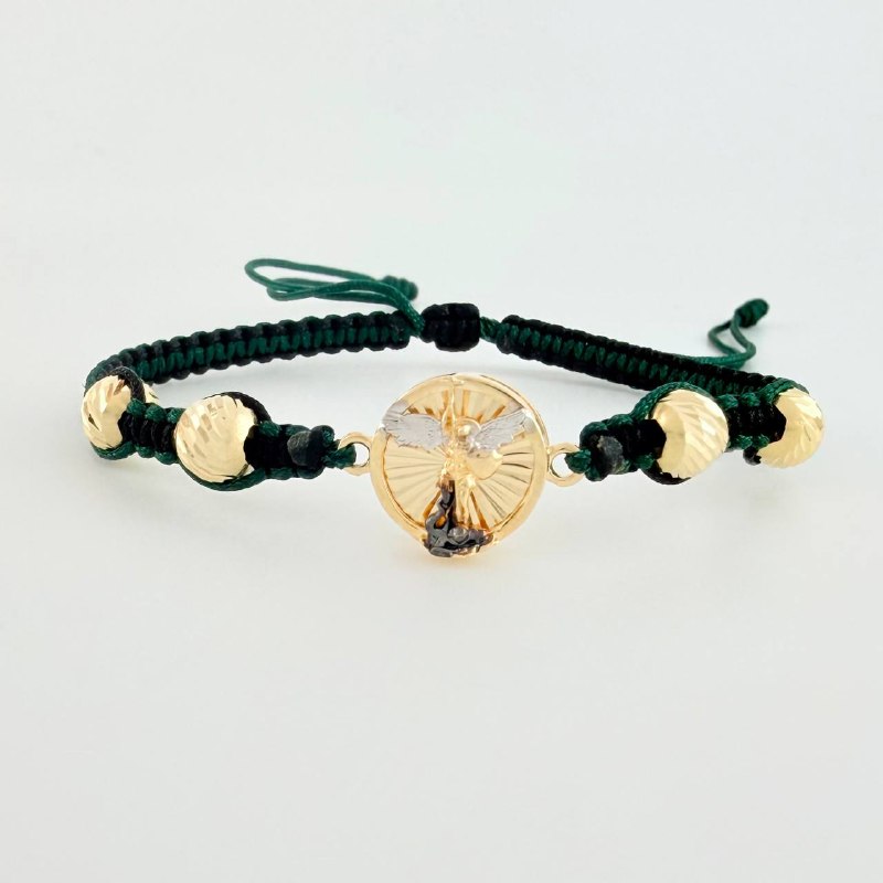 Pulsera Tejida Verde y Negra Herraje de San Miguel Arcángel Bolas Diamantadas Dos Oros Amarillo Blanco 18K