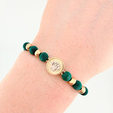 Pulsera Tejida Verde Circulo Corona Bolas Lisas Dos Oros Amarillo Blanco 18K