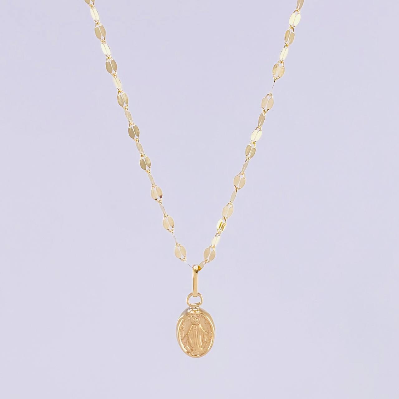Set Cadena Flor Espejo + Dije Virgen Milagrosa / 1.3g / 45cm Oro Amarillo 18K