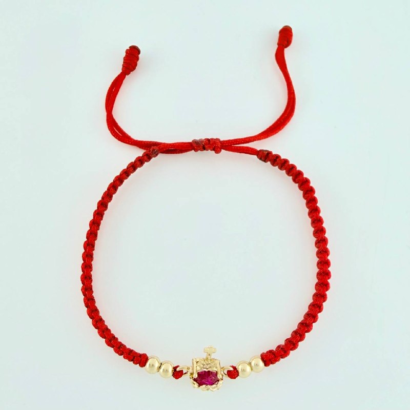 Pulsera Tejida Roja Herraje Sagrado Corazon Bolas Lisas Oro Amarillo 18K