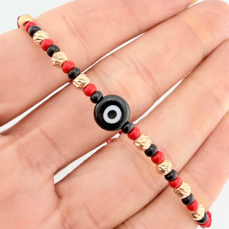 Pulsera Tejida Roja Ojo Turco Oro Amarillo 18K