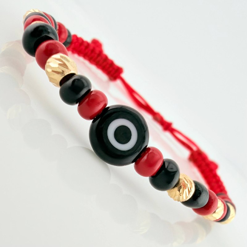 Pulsera Tejida Roja Ojo Turco Oro Amarillo 18K