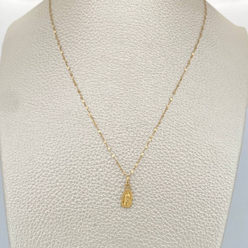 Set Cadena y Dije Flor Espejo + Virgen Guadalupe 0.6gr / Oro Amarillo 18K (Oferta) $