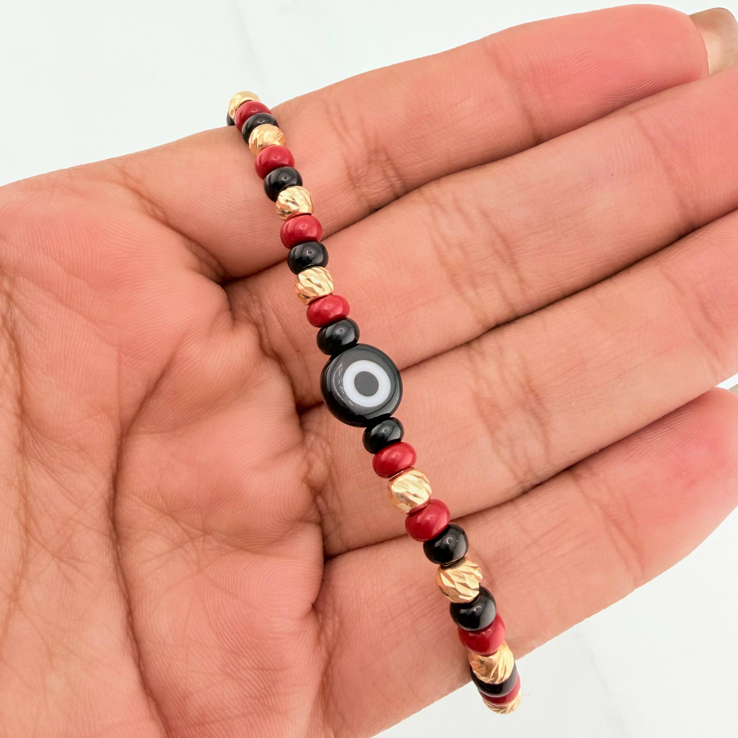 Pulsera Tejida Roja Ojo Turco Oro Amarillo 18K