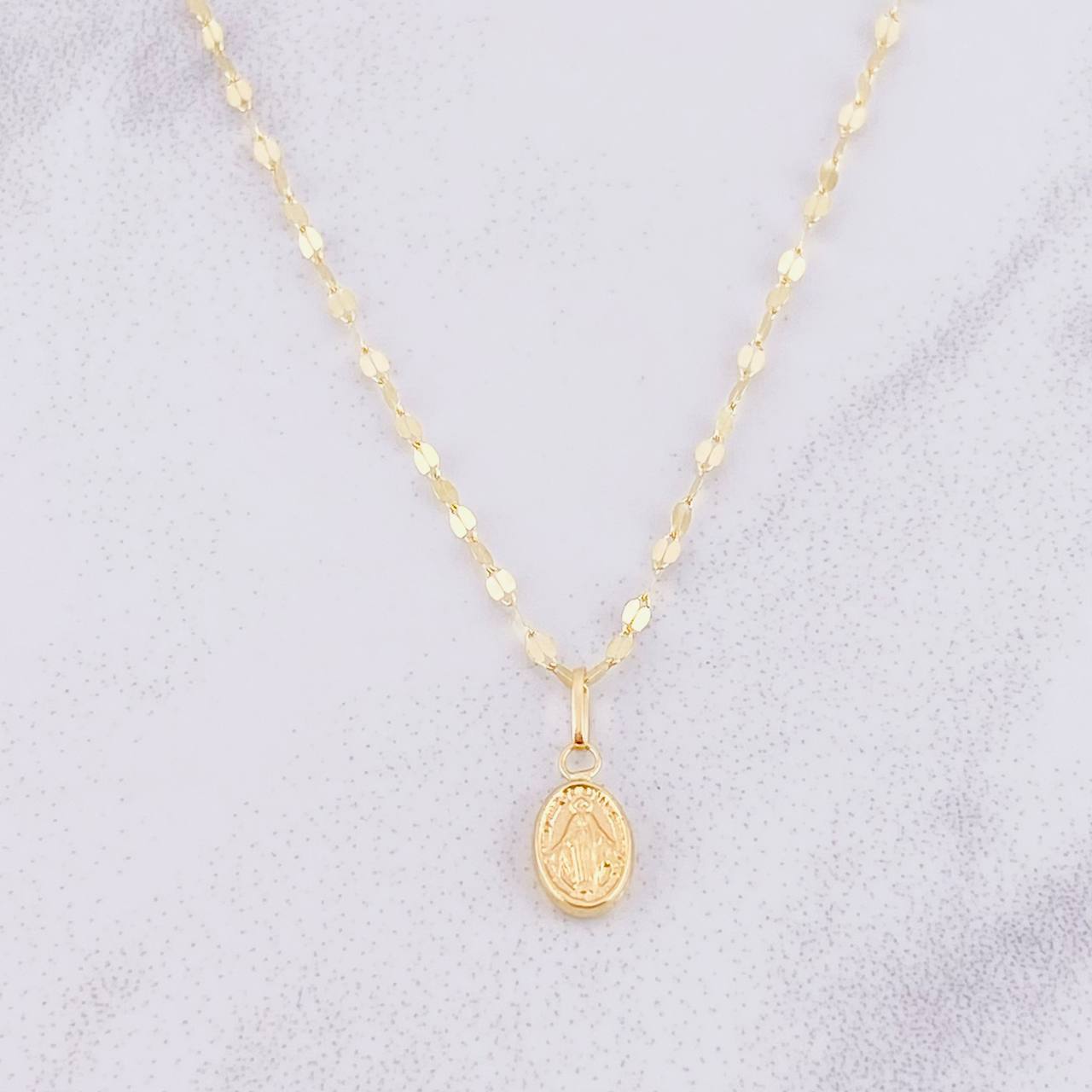Set Cadena Flor Espejo + Dije Virgen Milagrosa / 1.3g / 45cm Oro Amarillo 18K