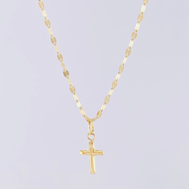 Set Cadena Flor Espejo + Dije Cruz / 1.25g / 45cm Oro Amarillo 18K