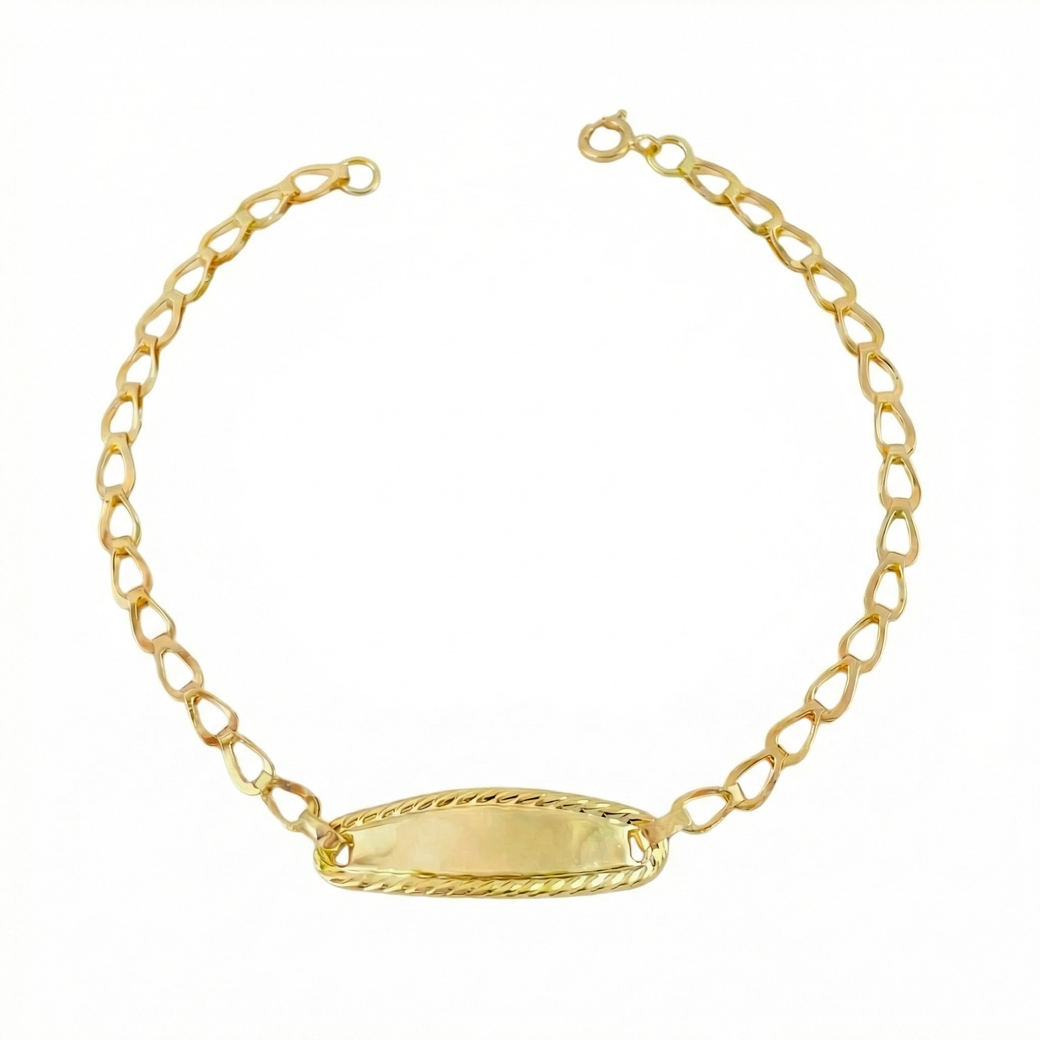 Pulso Bebé Espiga Placa Ovalada Bordeada 1.2gr / 14.5cm / 2.7mm Oro Amarillo 18K