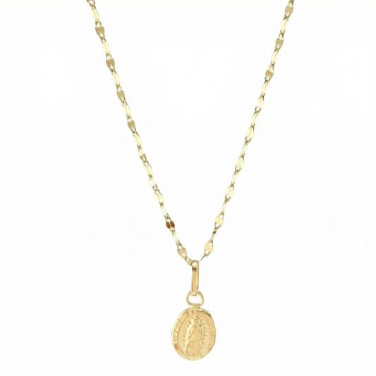 Set Cadena y Dije Flor Espejo + Virgen Guadalupe 1.35gr / 50cm / 1.3mm Oro Amarillo 18K (Oferta) *