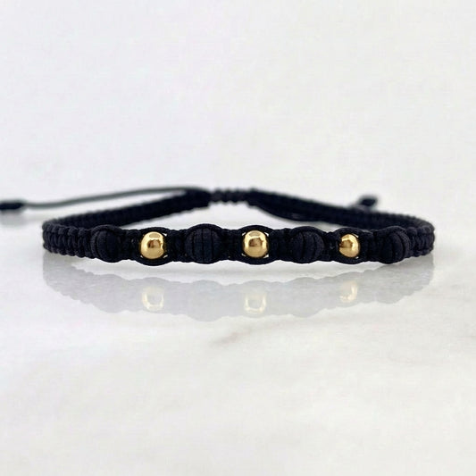Pulsera Negra 3mm Bolas Lisas 3 und Neoprenos Oro Amarillo 18K (A.C)