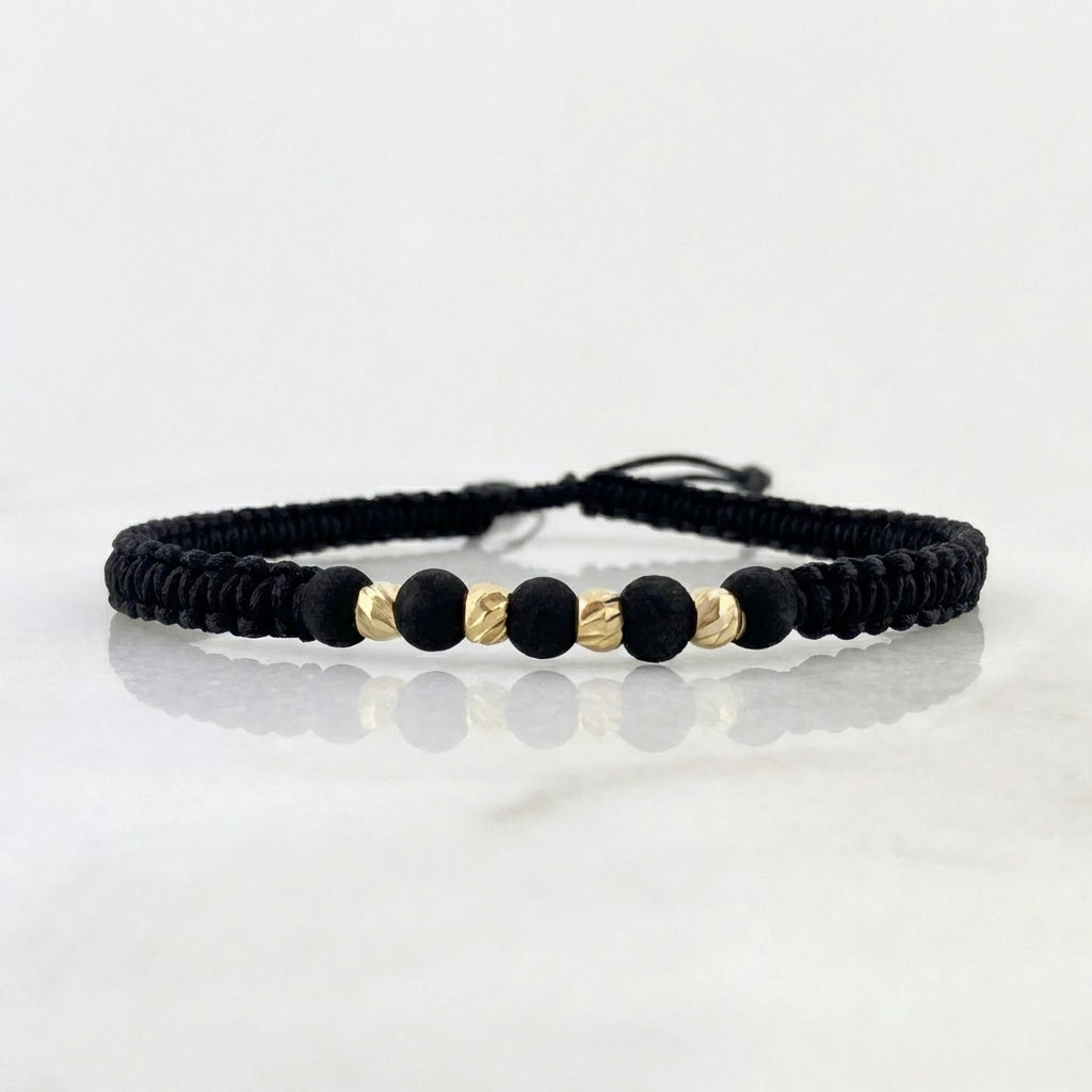 Pulsera Tejida Negra Bolas Diamantadas 3mm Oro Amarillo 18K