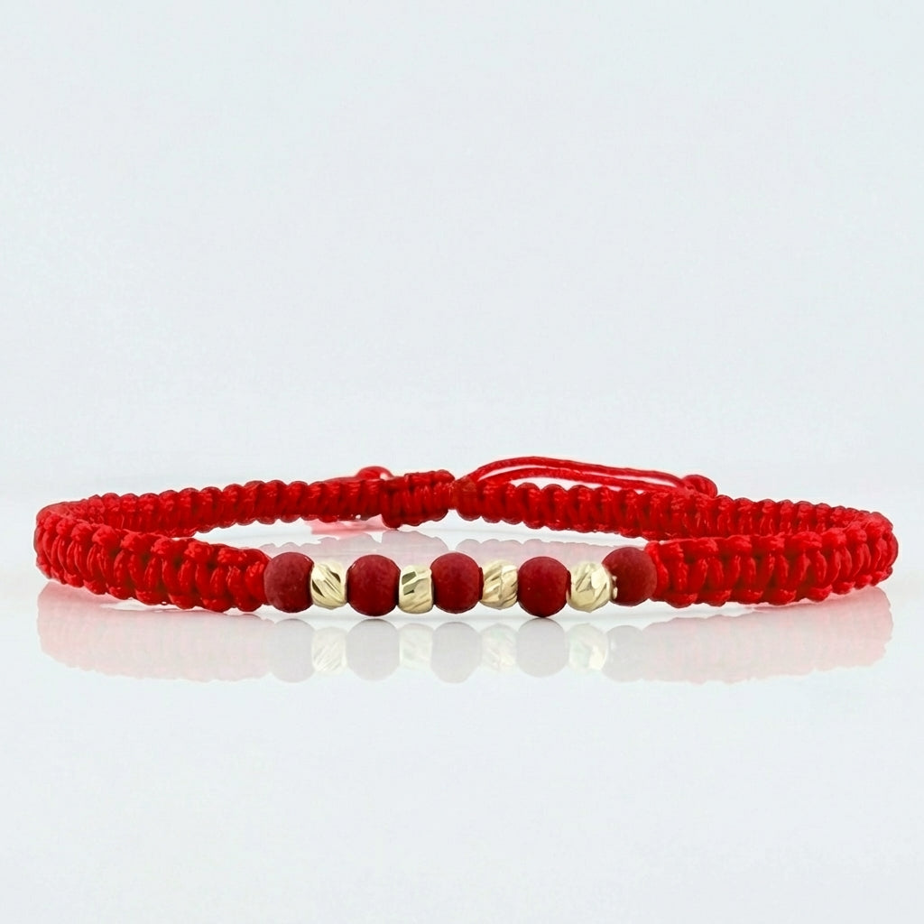 Pulsera Tejida Roja Bolas Diamantadas 3Mm Neopreno Oro Amarillo 18K