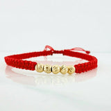 Pulsera Tejida Roja Bolas Diamantadas 4mm Oro Amarillo 18K