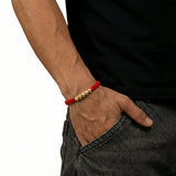 Pulsera Tejida Roja Bolas Diamantadas 4mm Oro Amarillo 18K