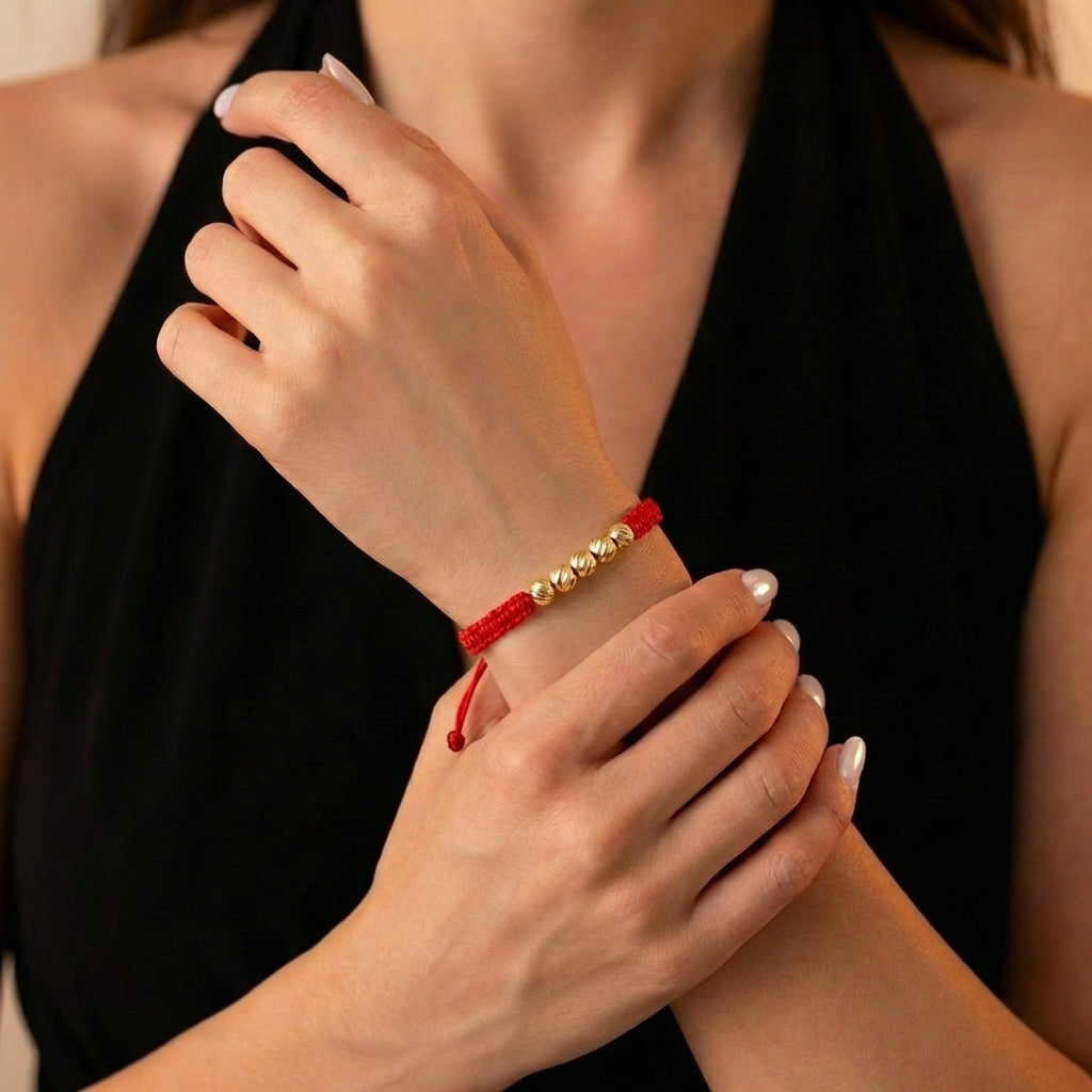 Pulsera Tejida Roja Bolas Diamantadas 4mm Oro Amarillo 18K