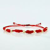 Pulsera Tejida Roja Bolas Diamantadas 3mm Oro Amarillo 18K