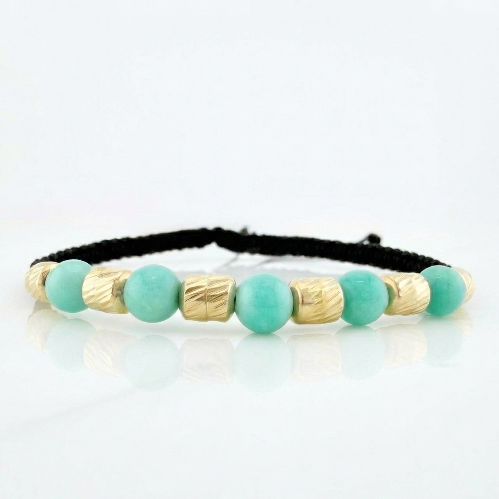 Pulsera Tejida Negra Morralla Esmeralda 5 Und Oro Amarillo 18K